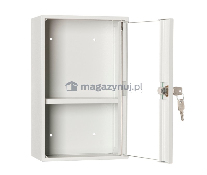 Metalowa apteczka wisząca na klucz AP1. Szafka metalowa na medykamenty.